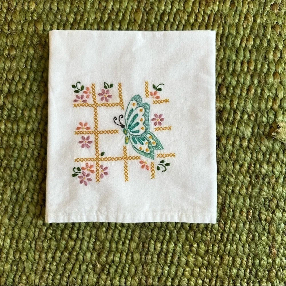 Hand Embroidered Flour Sack Tea Dish Towel Butterfly Floral Cottagecore